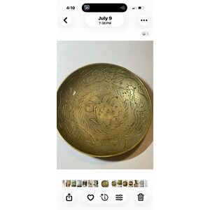 Engraved Brass Bowl Double Dragon Design Asian China Vintage